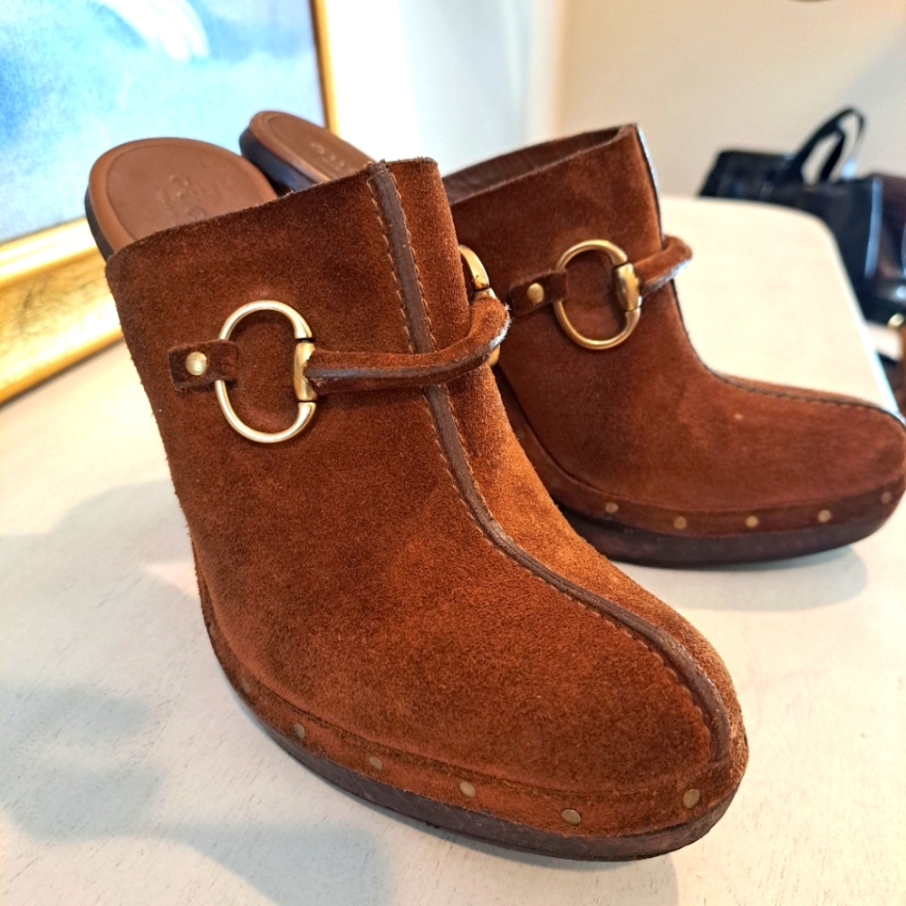 Gucci Cognac Brown Horsebit Suede Heels Mules